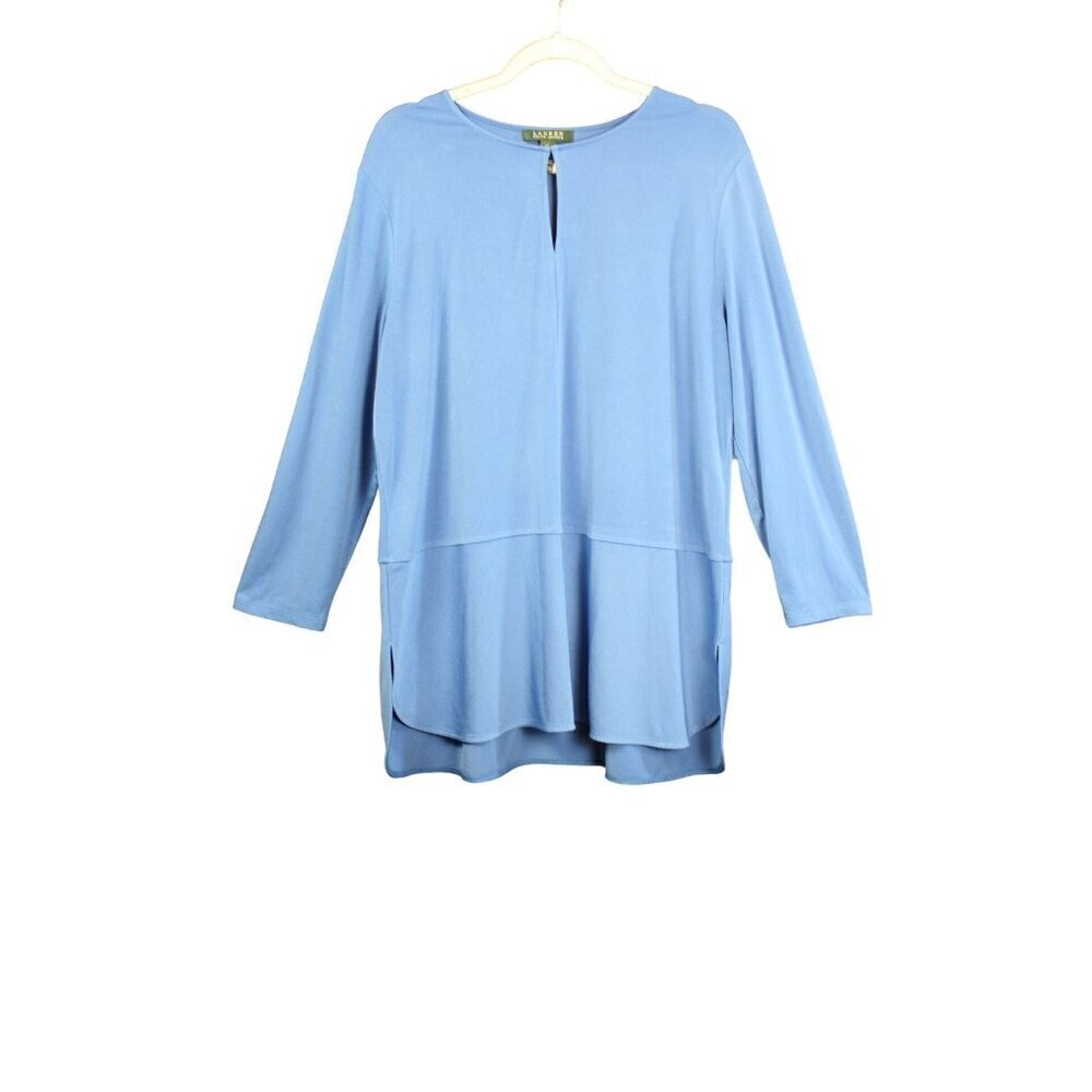 Lauren Ralph Lauren Blue Tunic Top 1X Keyhole Front Long Sleeve Polyester & Elas